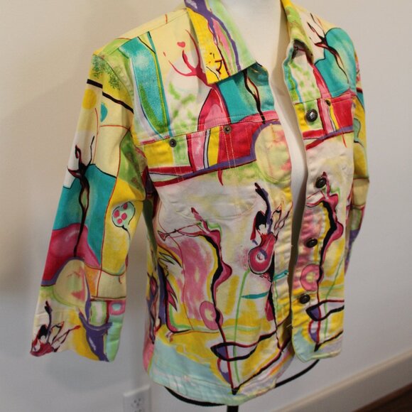 Kaktus Multicolor Abstract Musical Jean Jacket Sz Medium - Picture 2 of 9